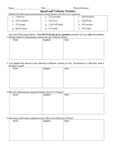speed velocity and acceleration practice problems worksheet